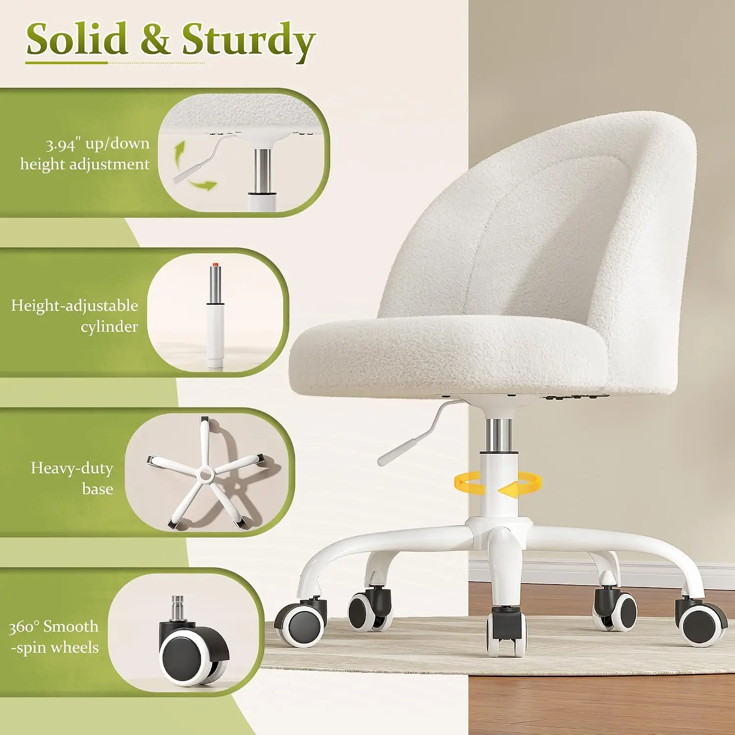 DurayLoly White Vanity Chair with Wheels, Cute Desk Chair with Back, Armless Chair with Height Adjustable & 360° Swivel, Soft Lumbar Support for Small Space, Bedroom view 6