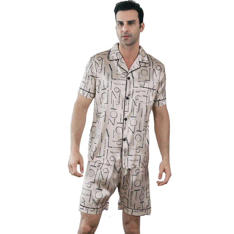 2-piece pajama men\'s summer short sleeved shorts with ice silk thin letter print lapel cardigan sleepwear home suit