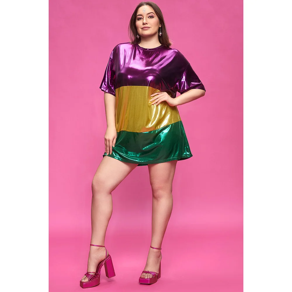 Plus Size Party Multicolor Lente Zomer Ronde Hals Korte Mouw Contrast Glitter Mini Jurken