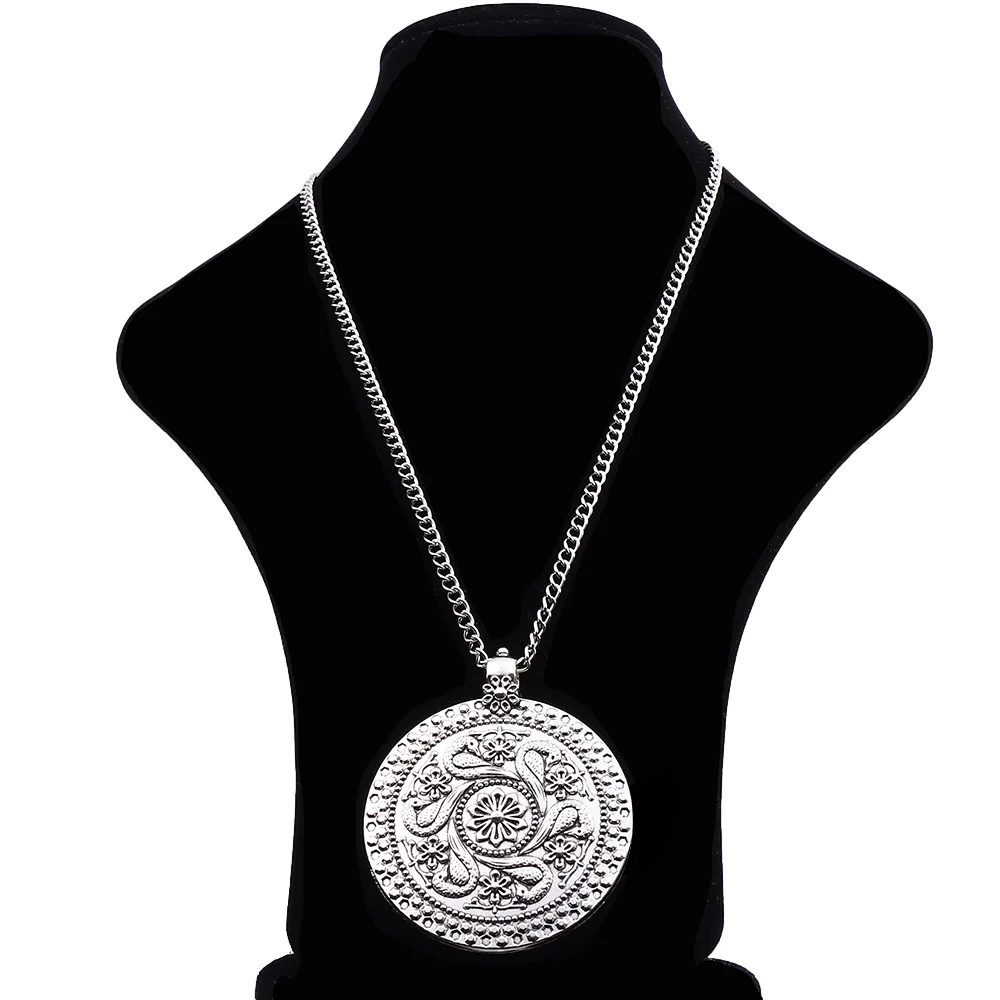 Tibetan Silver Large Boho Medallion Round Charm Pendant Long Chain Necklace Lagenlook 34\