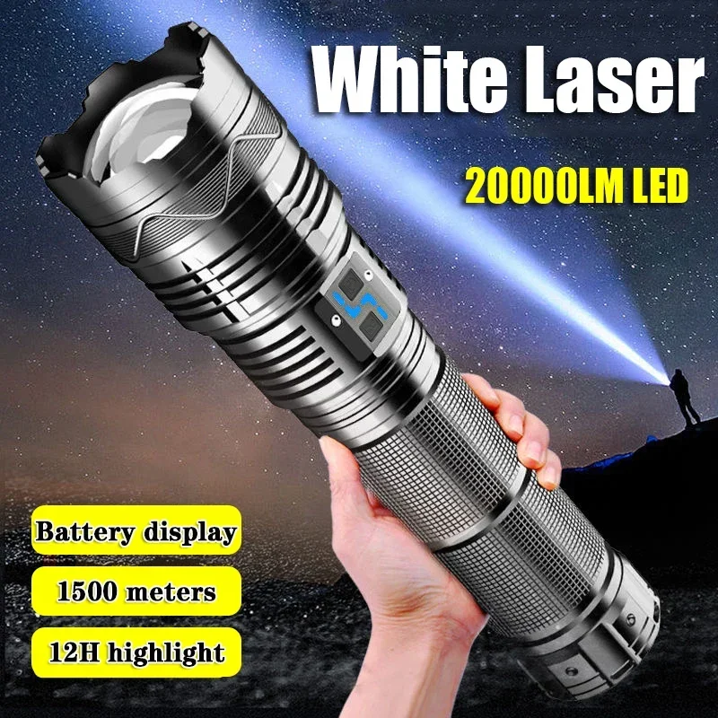 

High Power White Laser Flashlight Super Bright LED Spotlight Long Range Torch Zoom Emergency Outdoor With Battery Indicator