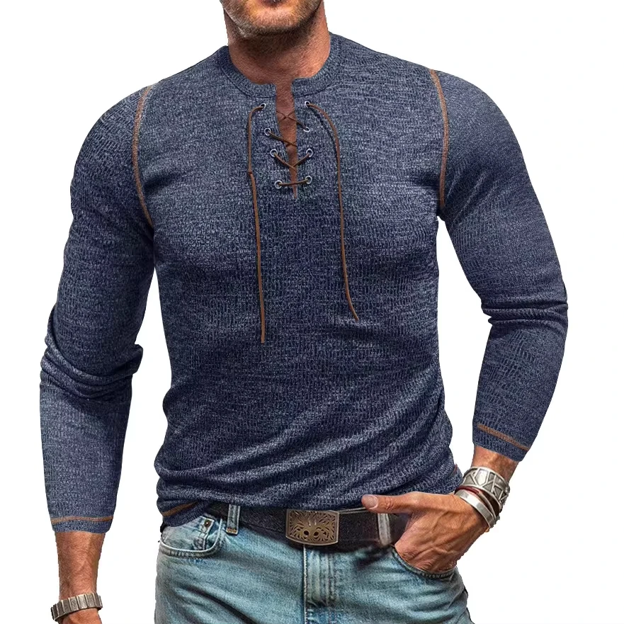 2025 American European New Fashion Men's Solid Color Lace-up Henry Collar Long Sleeve O-neck Undershirts Male Clothes T-shitrs