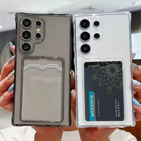 Luxury Card Pocket Silicone Soft Case For Samsung Galaxy S25 S24 S23 S21 FE S22 Ultra Plus Card Bag Clear Shockproof Shell Cover
