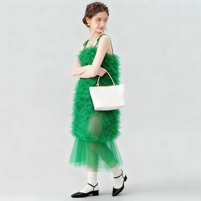 

Sleeveless Suspender Long Dress Burgundy Puffy Hem Splicing Mesh Dress 2026 Summer