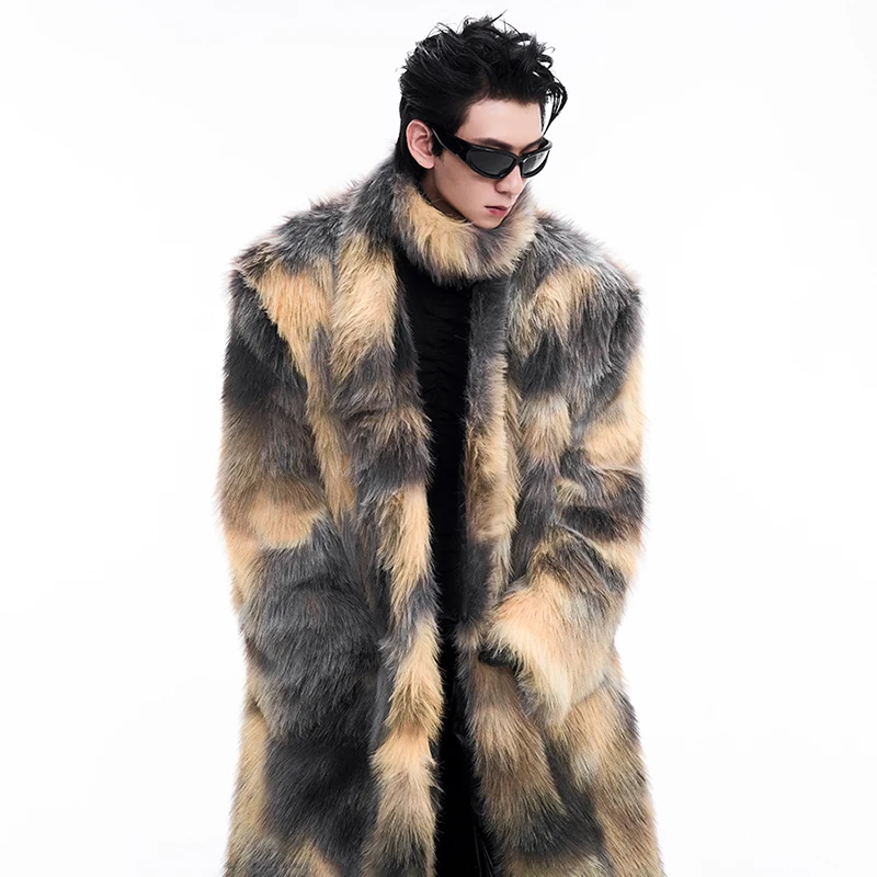 LUZHEN Scarf Decorate High Quality Luxury Imitation Fur Coat Cold Original Personalized Color Contrast Men Long Outerwear LZ7279