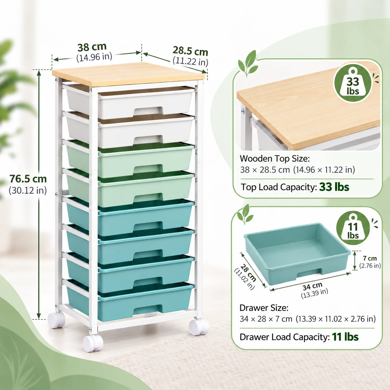 8 Drawer Storage Trolley on Wheels, Slim Organizer with Pastel Green and Blue Drawers, Wooden Top for Bedroom Makeup and Toys