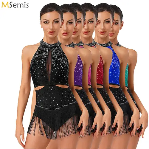 Imagen 2 del producto Leotardo de baile con flecos para mujer, traje con borlas sin mangas y espalda descubierta con diamantes de imitación brillantes para patinaje artístico, Tango, Samba, Jazz latino