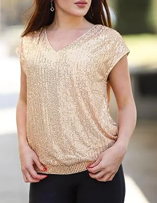 

2025 New Sequin Raglan Sleeve Women's V Neck Tee Spring Autumn Slim Solid Top y2k clothes for women