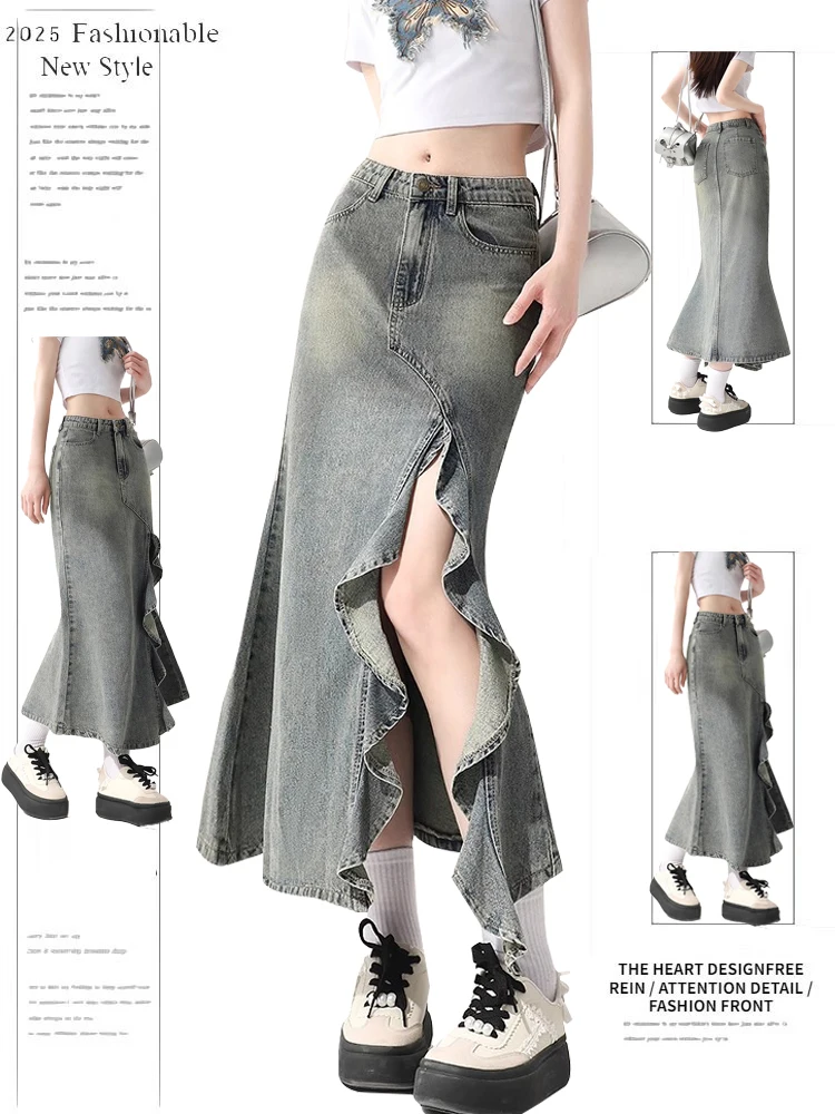 

American Retro Irregular Denim Skirt Women's High Waist Slimming Wave Slit Fi Tail A-Line Skirt Commute Polyester Cott...