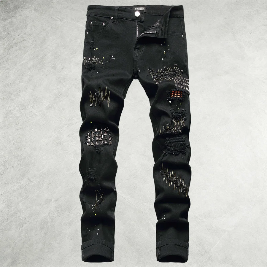 New American High Street Men's Black Jeans Street Ripped Studded Embroidered Biker Casual Pants