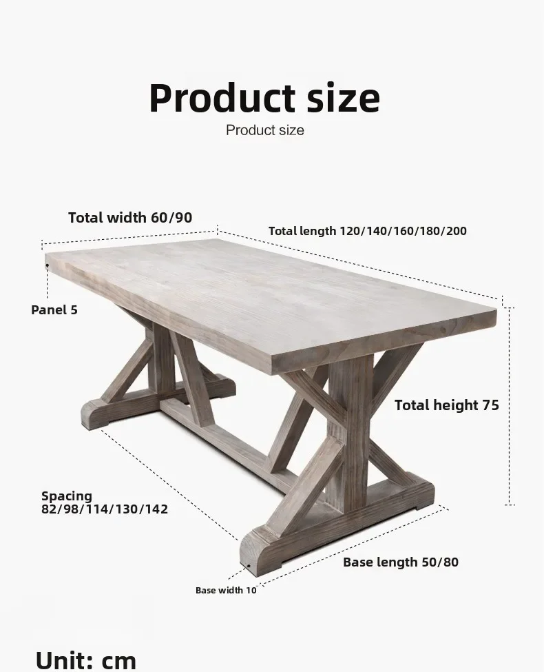 All solid wood dining table and chairs French rural small household American old gray rectangular retro dining table