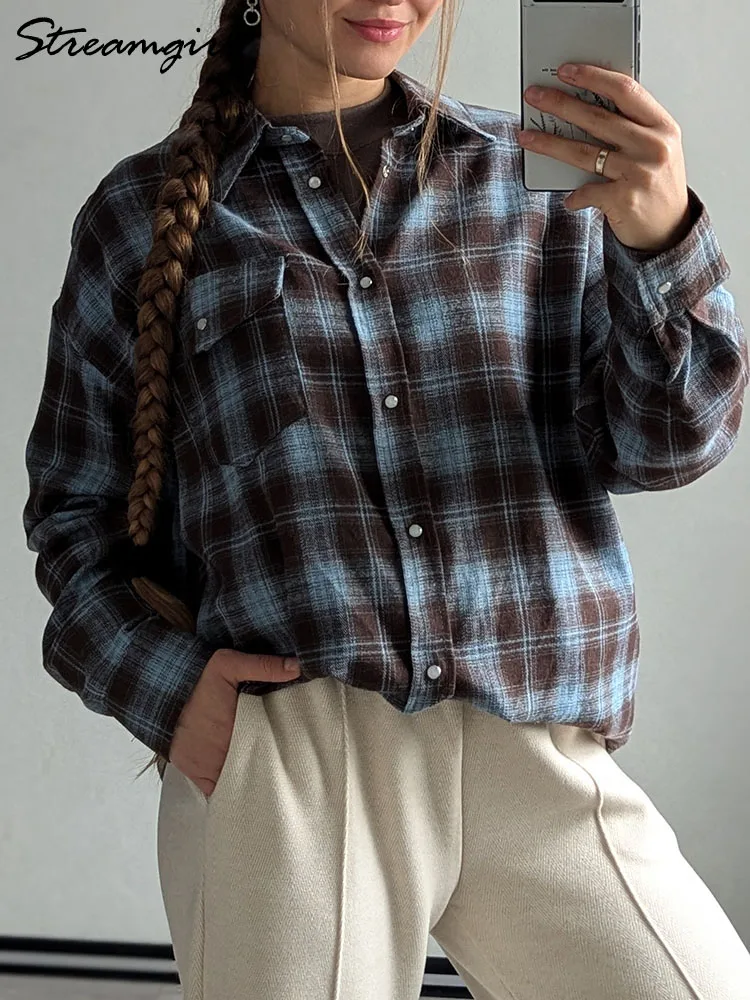 Plaid Oversized Shirts For Women Office Autumn Winter Loose Buttoned Shirt Pocket Long Sleeve Shirts Oversized Vintage Blouses