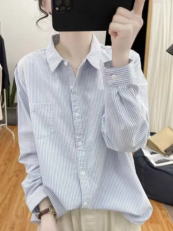 

Pure Cotton ey Striped Women's Long Sve irt Spring New Loose Casual Inner Wear Layered Base irt Vintage Sle Loose Fit