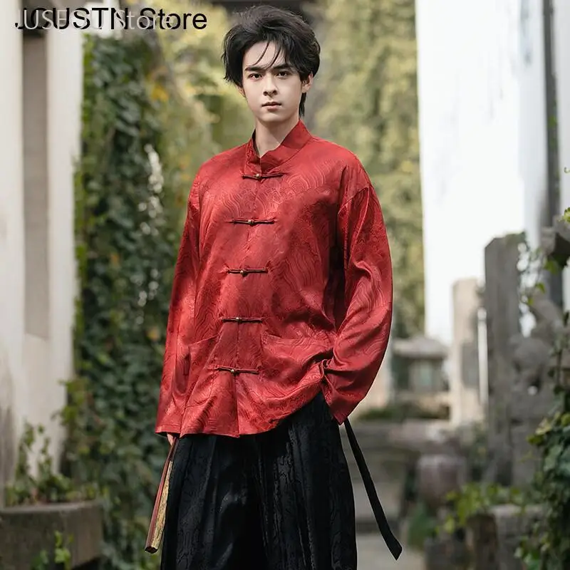 Men Vintage Satin Tang Suit Top Chinese Traditional Long Sleeve Shirt Mandarin Collar Button Down Jacket Ethnic Oriental Hanfu