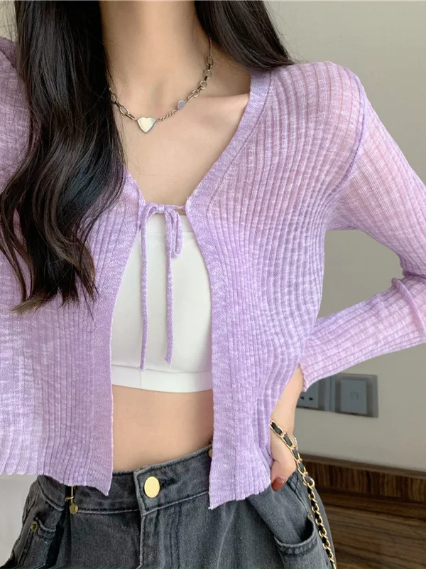 เสื้อคาร์ดิแกนไหมพรมถักทรงหลวม สไตล์ลำลอง สำหรับผู้หญิง สีพื้น คอวี แขนยาว มีเชือกผูก  สำหรับฤดูใบไม้ผลิ