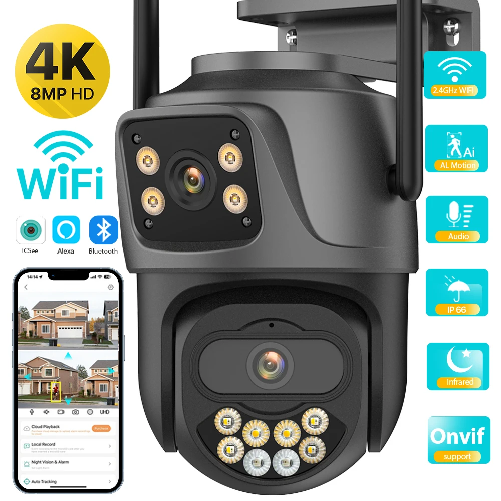 4K 8MP HD Dual Lens Dual Screen Wifi PTZ Camera Outdoor  AI Auto Tracking IP Camera CCTV Audio Video Surveillance P2P iCSee