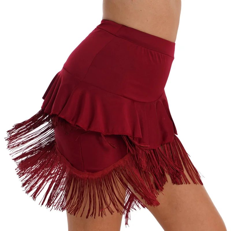 2024 Womens Latin Dance Skirt Shirring/Tassel/Ruffle Elastic Waistband Skirts for Samba Tango cha-Ballroom Dancing Clothes