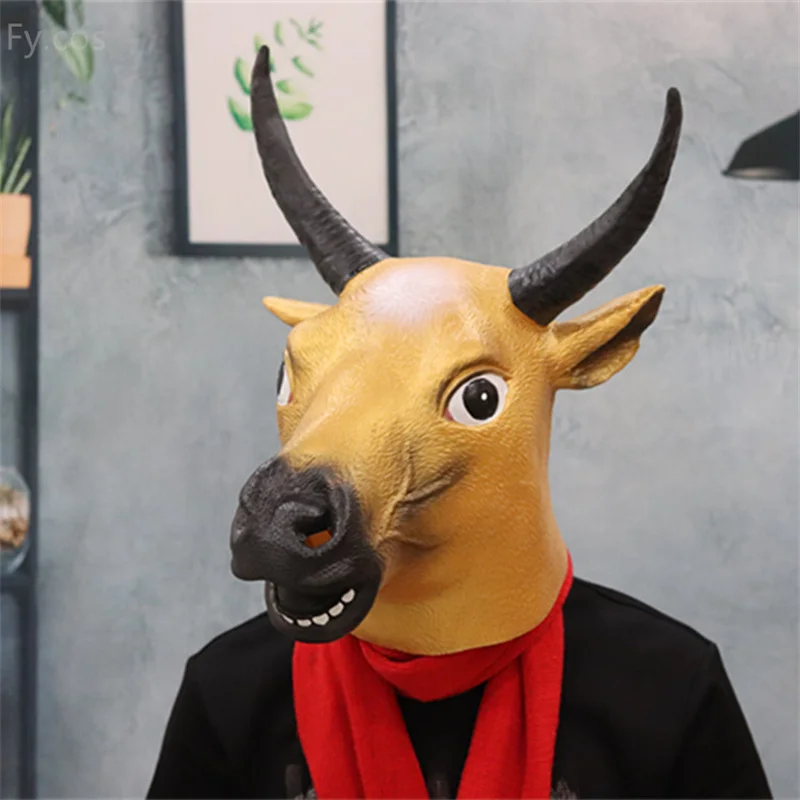 

Bull Mask for Halloween Funny Cow Cat Horse Dino Animal Full Face Mascara Latex Helmet Carnival Cosplay Scary Costume for Men