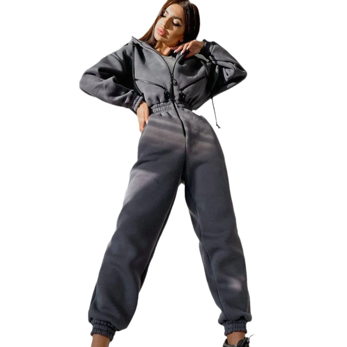 Sporty Casual Women's Jumpsuit Set with Hood Cross-Border Hot Sale 2026Ebay Fashionable All-Match Long Cotton Sleeve