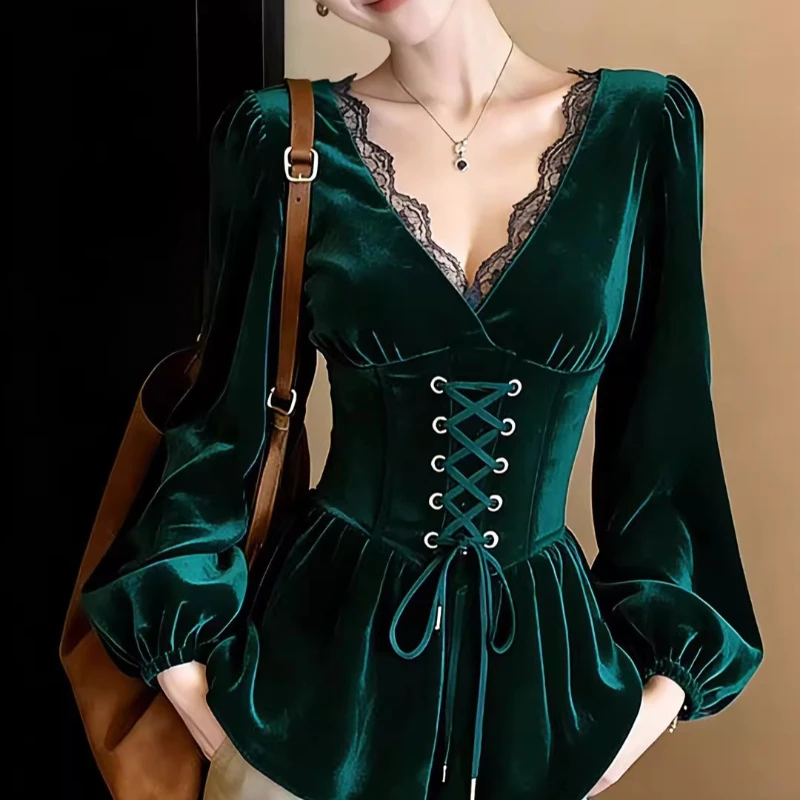 Spring Fall Women V Neck Lace Patchwork Plated Ruffles Green Velvet Top Shirt , Woman Velour Slim Tops Shirts
