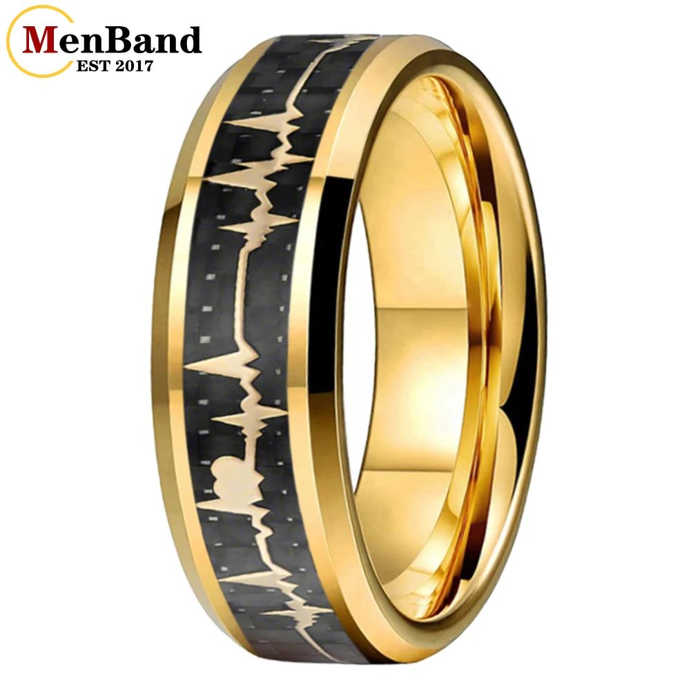 

ManBand 8mm Tungsten Carbide Wedding Band With Black Carbon Fiber Ring And EKG Heartbeat Inlay Beveled Edges Polished Comfort