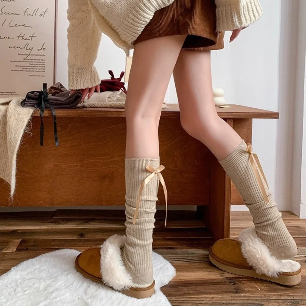 

Новые однотонные носки в стиле Лолиты с бантом и лентой, дышащие зимние теплые длинные носки-трубы, утепленные чулки до колена