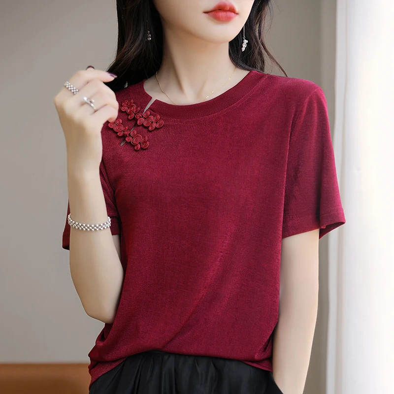 New Chinese Light National Style Ice Silk Short sleeved T-shirt for Women's Spring/Summer Solid Color Large Size Slimming Loose