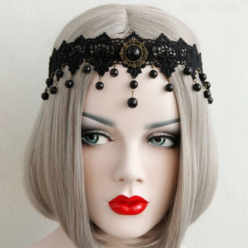 Gotische schwarze Spitze Stirnband mit Strass Anhänger Halloween Cosplay Königin Kostüm Stirn Zubehör verstellbare Nylon elastisch