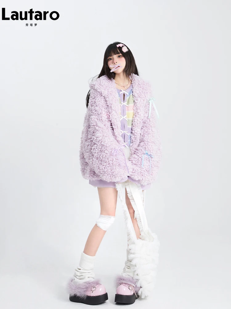 Lautaro Winter Oversized Sweet Cute Kawaii Warm Fuzzy Light Purple Faux Fur Hoodie Women with Hood Bow Fluffy Sherpa Jacket 2024