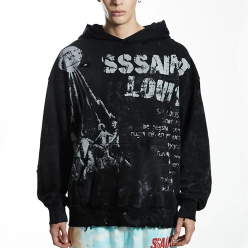 

24FW High Street Hip Hop SSSAINT LOUIS Graffiti Letters Printed Hooded Retro Washed Black Men Women Sweatshirt Oversized Hooded