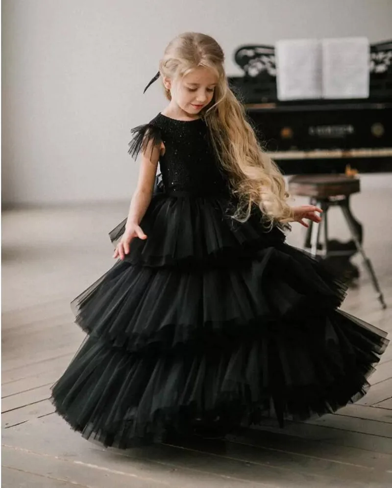 Tule preto cetim vestido da menina flor lantejoulas superior crianças vestido de festa de casamento vestidos de aniversário da princesa grande arco feito sob encomenda