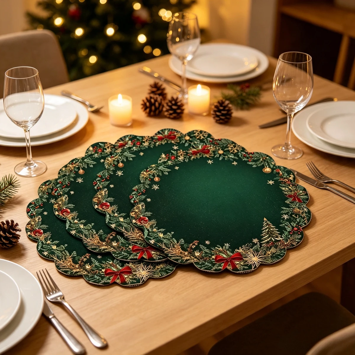 2/4pcs Christmas Placemats Green Xmas Wreath Bow Place Mats for Dining Table Holiday Dinner Party Kitchen Table Decoration