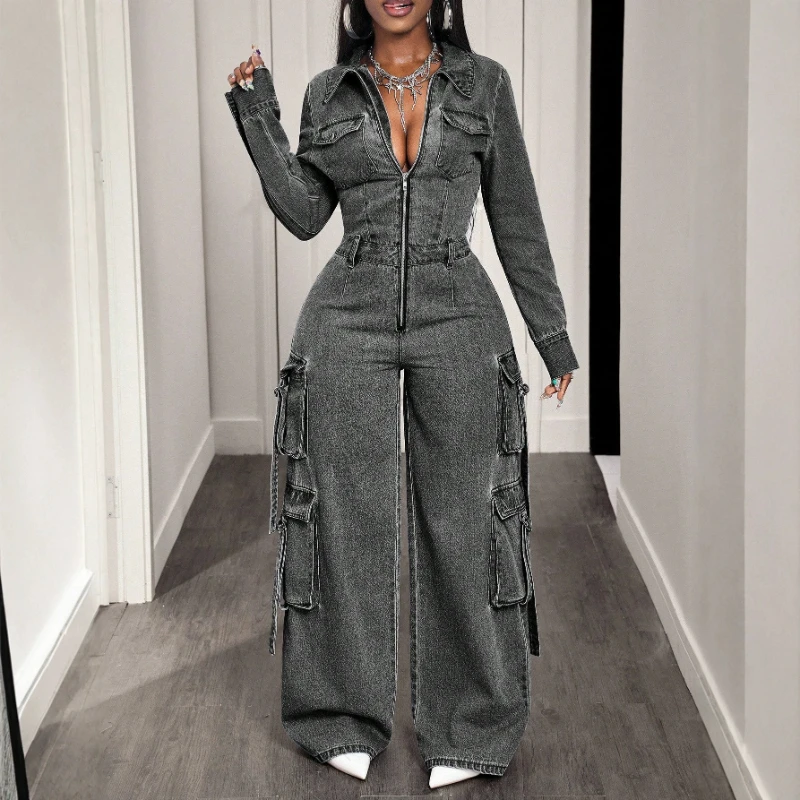 

Women Jumpsuits Denim One Piece Full Sleeve Zipper Overalls Long Pants Tight Waist Rompers Y2k Streetwear Jumpsuit Work 2026