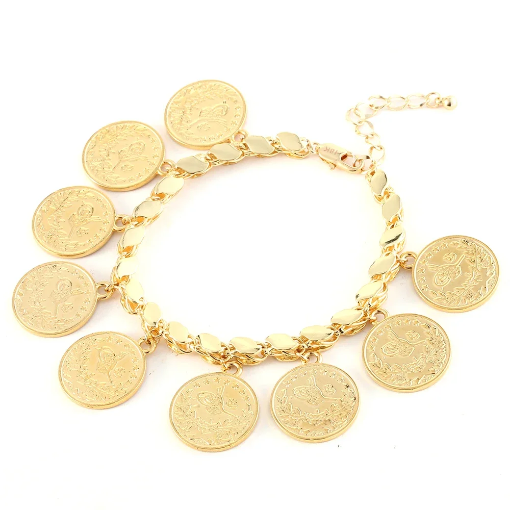 Punk Personality Gold Plated Portrait Coins Bracelet Bangle for Women Round Pendant Carved Turkish Flower Jewelry Accessories