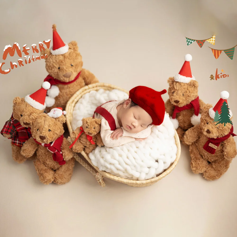 Baby Christmas Photography Costume Knitted Beret+Sweater+Overalls Set Christmas Bear Dolls Studio Xmas Photo Shoot Theme Props