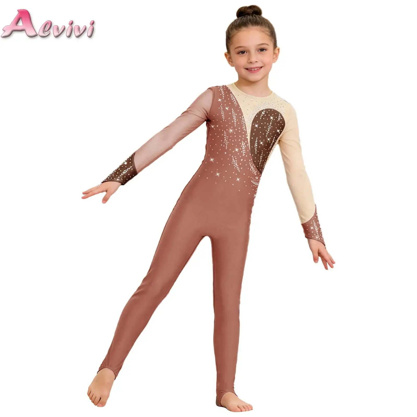 

Kids Girls Gymnastics Ballet Dance Jumpsuit Long Sleeves Mesh Shiny Rhinestones Stirrup Style Full Length Bodysuit Practice Wear
