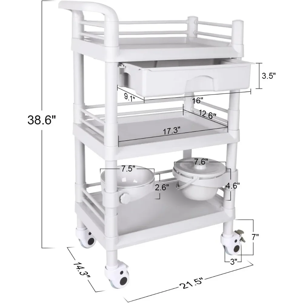 Mobile Medical Trolley Cart Portable 3-tier Professional 220 Lbs Load Utility Cart for Ultrasound Scanner Esthetician Cart