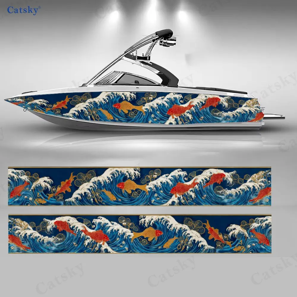 

Japanese Gilded Koi Riding Waves Boat Stickers, PVC Waterproof Vinyl Wrap Decals for Fishing Boats, Durable and Stylish Design