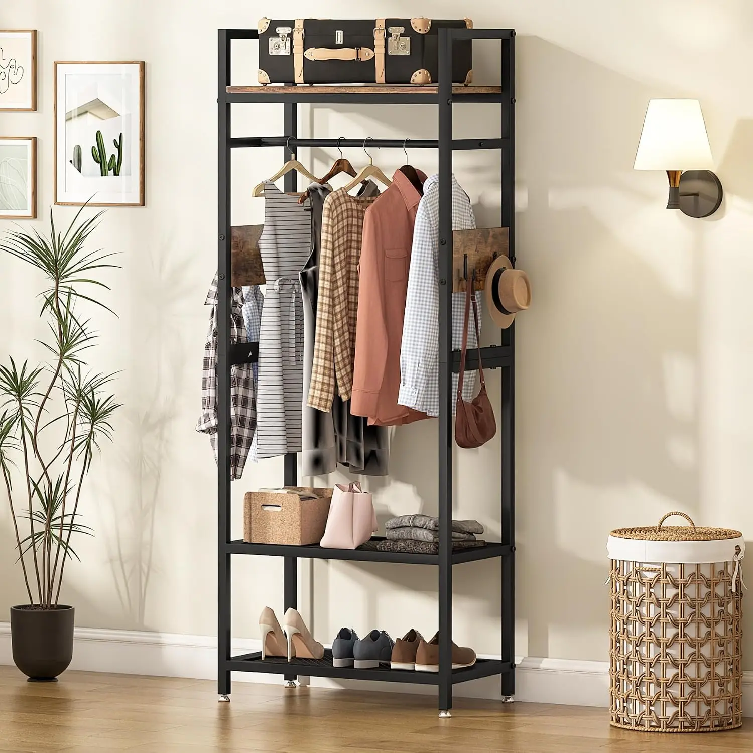 69-inch Tall Narrow Clothes Garment Rack, Small Heavy Duty Closet Organizer with Shelves and Hooks, Customized