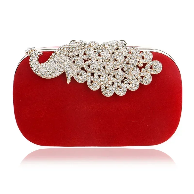 Retro Peacock Diamond Evening Bag Women's Elegant Formal Wedding Party Velvet Handbags Vintage Red Black Color Clutch Purse