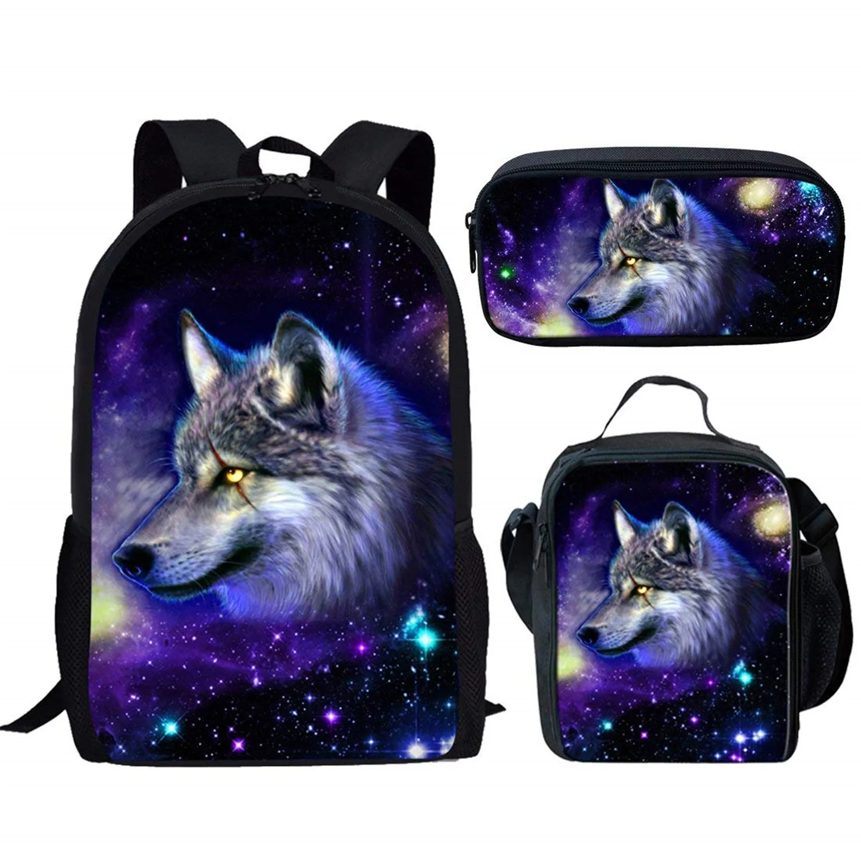 3 buah Set tas sekolah fantasi Galaxy Wolf tas buku motif untuk remaja laki-laki perempuan ransel penyimpanan kasual ransel harian siswa