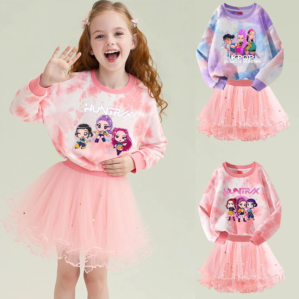KPop Demon Hunters Girl Dress T-shirt Tutu Skirt 2pc/Set Outfit Dress Suit Birthday Party Kid Long Sleeved Tops Autumn clothes