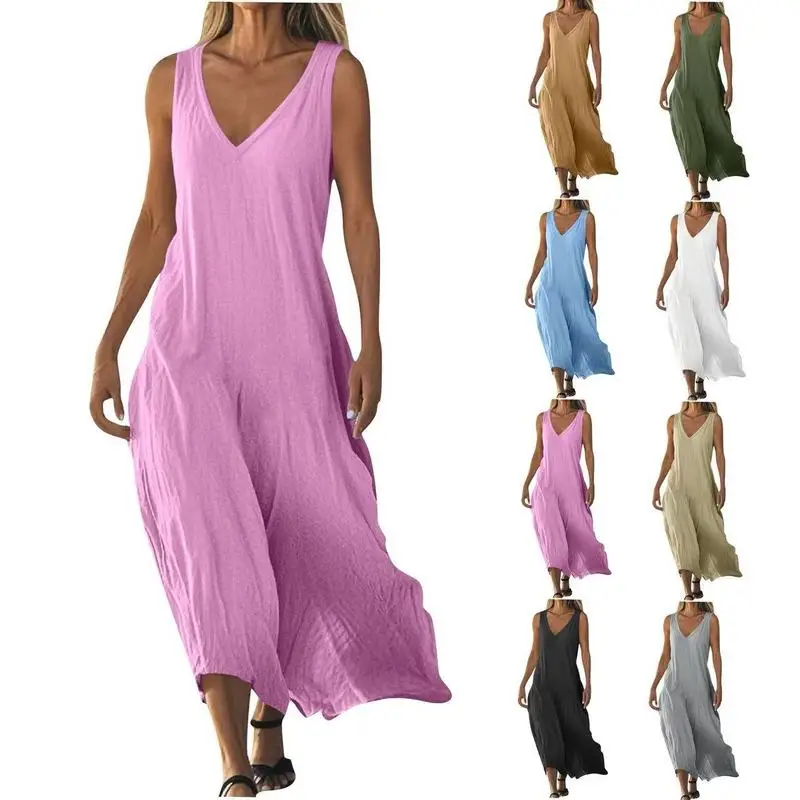 Elegant V-Neck Sleeveless A-Line Dress - Loose Fit Maxi Dress Machine Washable - Wedding Guest Gown for Parties Business Events