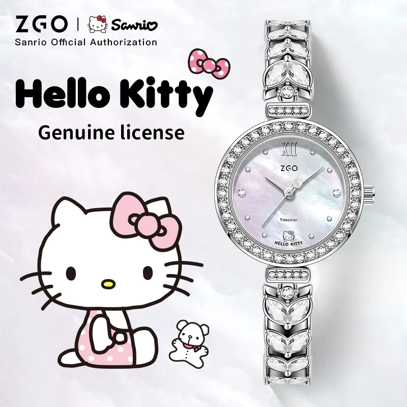 ZGO X Sanrio Hello Kitty Relógio de moda feminina à prova d'água cristal acentuado pulseira de prata relógio de quartzo presente para meninas 2172