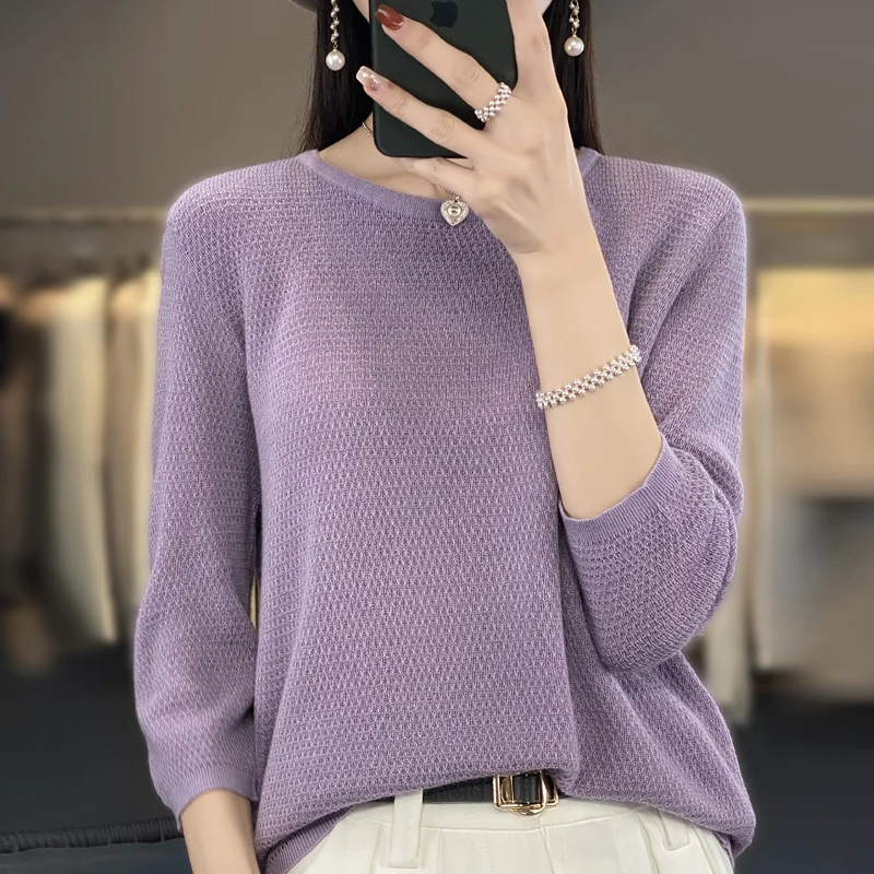 

Spring and summer new women's knitted O-neck short sleeve 100% worsted wool pullover vest fashion Korean shirt T-shirt