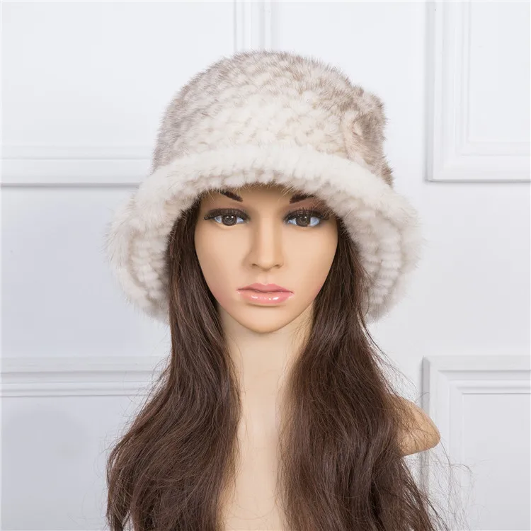 قبعة فيدورا من فرو المنك للسيدات مع لهجة زهرة المنك، قبعة شتوية دافئة وعصرية من الفرو المحبوك #6
