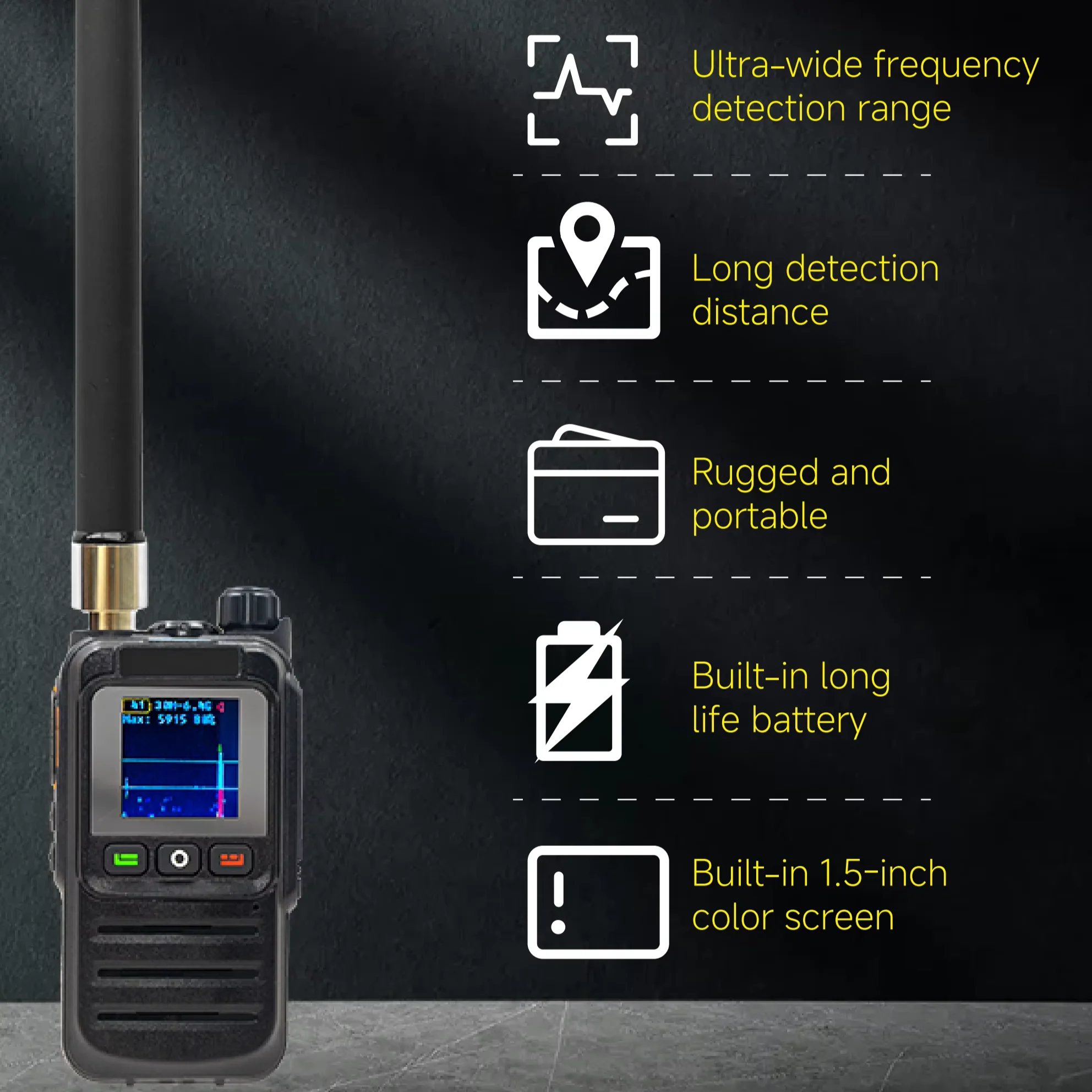 Rilevatore di droni Anti rilevamento di droni 3 lingue 0~8GHz Batteria incorporata da 6000 mAh con raggio ultra ampio per rilevamento accurato dell'UAV