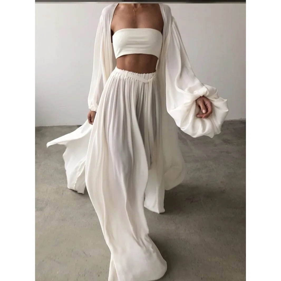 

Lantern Sleeve Long Cardigan and Strapless Undershirt with Flowing Wide Leg Floor Pants Three Piece Set for Women's Fashion
