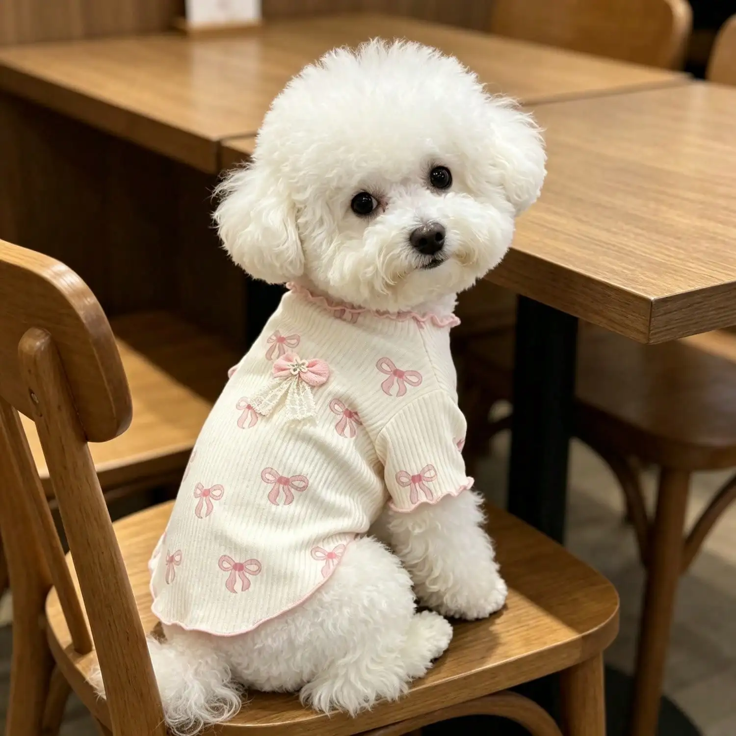 Niedliches Hundet-Shirt mit Schleifendruck und Rüschen, Weiches Geripptes Kurzarm-Oberteil mit Spitzenschleifendekor für Welpen Kleiner Rassen wie Bichon und Teddy – Detail 9