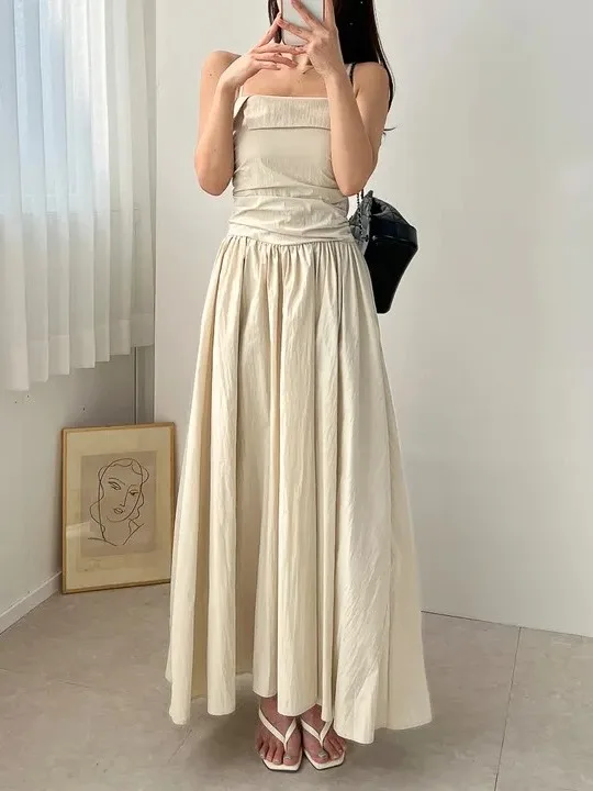 

Chic Summer New Sle Ele Slit Square Collar Pleated Waist Cinched Midi Length Strapl Dr Women Commute Pure Color